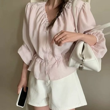 韓國🇰🇷甜美淡粉🌸｜系帶拼接木耳邊百搭修身襯衫