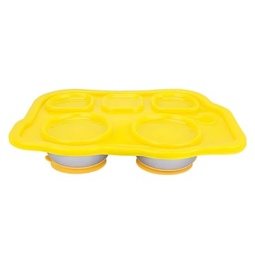 不鏽鋼分隔餐盤組 噗噗車  304不鏽鋼餐盤  PP餐盤蓋  矽膠底部吸盤  耐熱餐盤  黃色  1組