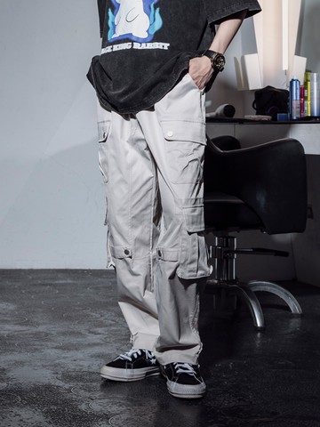 多口袋素色寬鬆尼龍布長褲