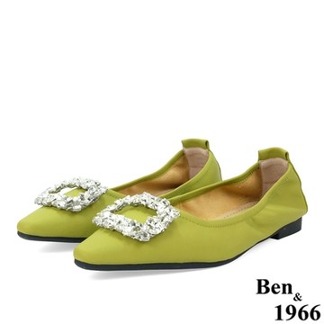 Ben&1966高級絲綢羊皮大方水鑽尖頭包鞋-草綠(236372)
