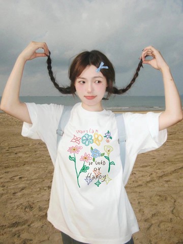 重磅純棉美式女生上衣 印花寬鬆情侶短袖T 上衣女 美式t  韓版T 大學T夏季新款設計感小眾慵懶白色體卹