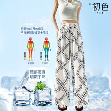 初色 復古老錢風顯瘦幾何圖騰高腰防曬冰絲亞麻闊腿褲休閒褲寬褲長褲-共2款2色-13240(M-2XL可選)