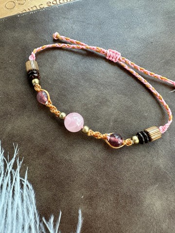 BB138 民族風 蠟線編織 粉晶 草莓晶 銅珠 手環 (可調長度)