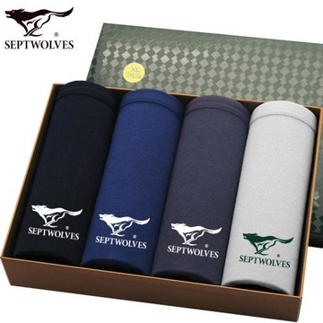 4條禮盒裝 七匹狼男士內褲純棉平角褲彈力全棉質四角U凸窄邊透氣