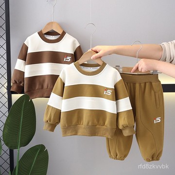 【台灣出貨】兒童保暖衛衣 兒童衛衣套裝 兒童上衣 新款春季童裝長袖男童條紋兩件套兒童春裝童套裝