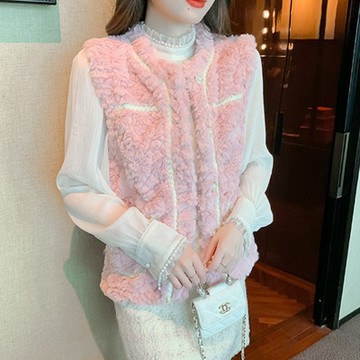 La Belleza時尚名媛圓領仿水貂毛編織金線繡線滾邊質感珠釦柔軟QQ毛毛背心