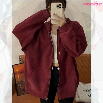 現貨實拍 拉鍊連帽開衫外套女 中長版帽t外套 寬鬆連帽大學T外套 酒紅色外套 刷毛外套 刷毛帽t 刷毛加厚外套 秋冬外套