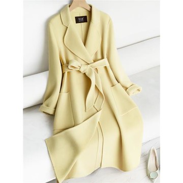 鵝黃色雙面羊絨大衣女長款過膝修身收腰減齡2025年新款羊毛呢外套