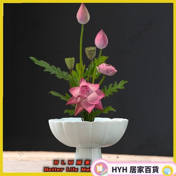 HYH【免運】 日式劍山插花器底座花盆柳葉陶瓷花盤復古日式插花器皿大禪意花道花器 墨綠