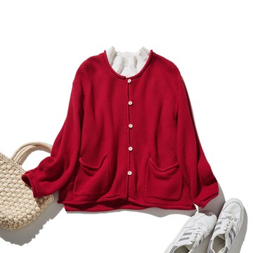 寬鬆版型休閒百搭鹿子編織開襟衫 紅色 250203-2