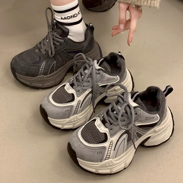 【白鳥麗子】運動鞋 韓系絨面網布拼接內刷毛綁帶厚底老爹鞋 店長推薦