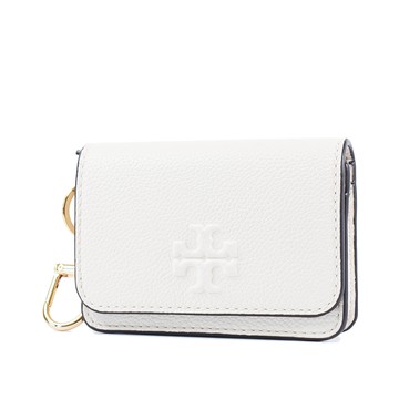 TORY BURCH THEA 浮雕LOGO荔枝紋釦式卡包/零錢包-象牙白