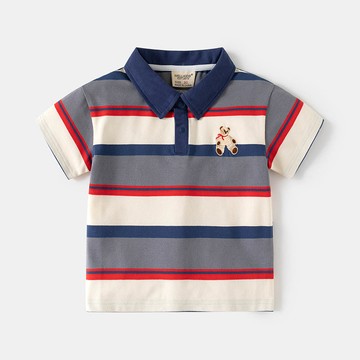 WELLKIDS - 純棉休閒翻領短袖上衣-刺繡小熊-藍灰條紋