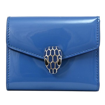 BVLGARI 經典蛇頭釦飾亮面漆皮三折扣式短夾(藍色)