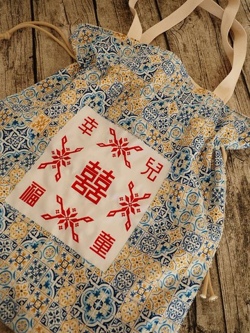 英國製作 懷舊幸福兒童揹帶改製 粉藍彩瓷 手挽側揹索繩袋