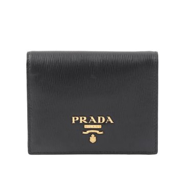 PRADA 浮雕Logo 水波紋皮革二折零錢袋短夾(黑色)