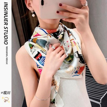 韓版可愛貓咪大方巾女百搭春夏季小絲巾裝飾領巾圍巾防曬披肩洋氣