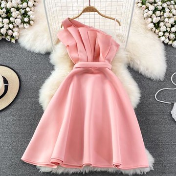 露背單肩修身顯瘦無袖禮服連衣裙(桃粉色)