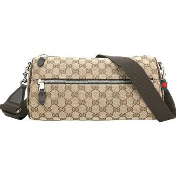 GUCCI 古馳 GG 老花帆布斜背波士頓圓筒包(小型/烏木色)