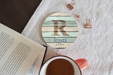 客製吸水杯墊 | 結婚禮物 | 藍色美式農莊鄉村風格 | 薄荷色木紋