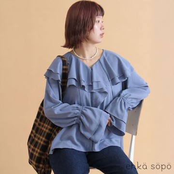 〚ehka sopo〛飄逸感疊層荷葉邊法式翻領糖果袖襯衫