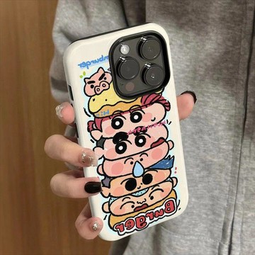 搞怪漢堡蠟筆小新適用iPhone15promax手機殼女蘋果17/16pro新款iP13/14防摔保護套二合一