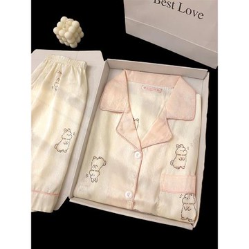 奶呼呼兔子冰絲睡衣女款夏季短袖涼感薄款可愛家居服高級感加大碼