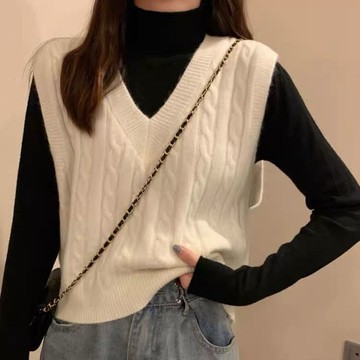 (臺灣出貨)SY白色V領馬甲背心毛衣針織衫春款新款寬鬆女韓版短款上衣純色打底背心無袖針織上衣