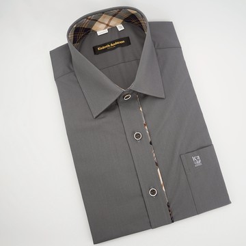 【金安德森】經典格紋繞領灰色門襟變化窄版短袖襯衫