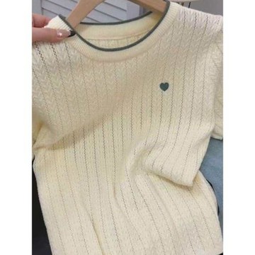 韓版miu系撞色針織短袖春夏季薄款鏤空t恤女愛心刺繡內搭打底上衣
