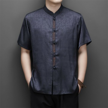 現貨快速出貨｜藍色中國風男士唐裝短袖上衣優質綢緞精緻刺繡書卷氣質日常休閒百搭｜3215｜水水女人國
