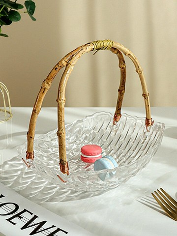 布紋藤編手提籃創意玻璃水果盤客廳家用輕奢風零食點心盤ins高級