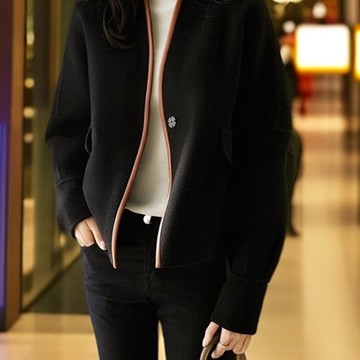 [米蘭精品] 毛呢外套秋冬大衣-百搭撞色皮邊時尚寬鬆女外套黑色74is46