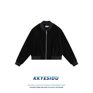 KKyesiou甜辣妹bm風燈芯絨短款外套女高腰黑色2024春款棒球服夾克