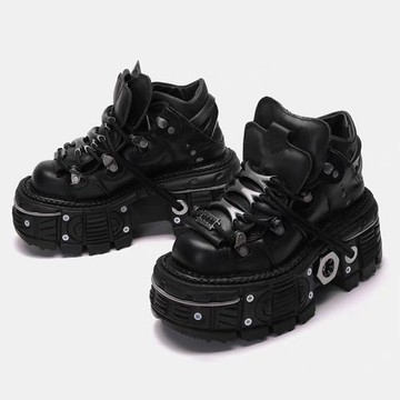 真皮復古西班牙高幫鞋男女同款街拍金屬老爹鞋松糕厚底增高朋克鞋