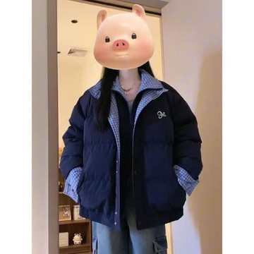 撞色格紋假兩件拼接小個子棉服外套女冬季新款百搭休閑面包服女潮