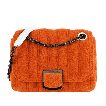 [平輸版] LONGCHAMP BRIOCHE EPONGE系列小綿羊皮拼接棉質帆布翻蓋鏈帶斜背包(小/柳橙)真品平輸