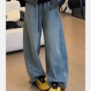 La Belleza美式復古鬆緊腰抽繩牛仔褲高腰顯瘦寬鬆闊腿褲復古刷色寬版牛仔褲