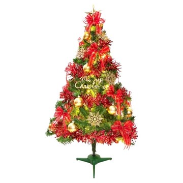 摩達客 耶誕特仕幸福型裝飾綠色聖誕樹 綺紅金雪系配件 Set + 50燈LED燈串暖白光-USB電池兩用充電  4尺(120cm)  綠色 + 紅金雪  1組