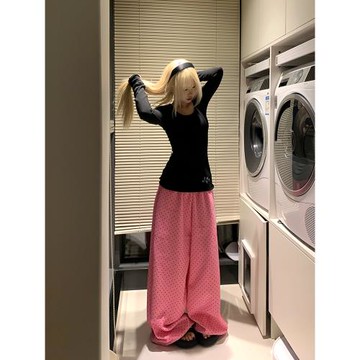 JMJ 美式復古波點滿印闊腿衛褲男女寬松休閑慵懶垂感直筒長褲