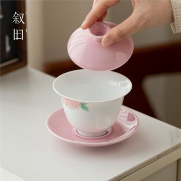 敘舊 玉瓷玲瓏釉下彩手繪繡球花單三才蓋碗輕奢高檔茶碗功夫茶具