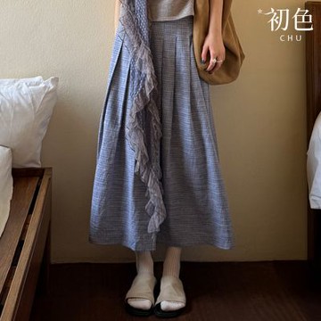 初色 法式小格紋寬鬆中長款壓褶百褶傘裙A字裙半身裙-藍色-14909(M-XL可選)