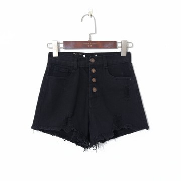 秋季女裝韓版個性洋氣破洞毛邊熱褲高腰四粒扣牛仔短褲字母