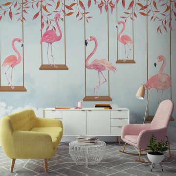 北歐背景墻壁紙現代簡約墻布美容院美甲店臥室網紅壁畫火烈鳥墻紙