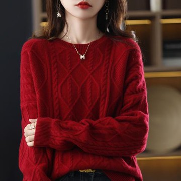 新年圣誕紅色羊毛針織衫秋冬季新款寬松慵懶風圓領純色毛衣上衣女