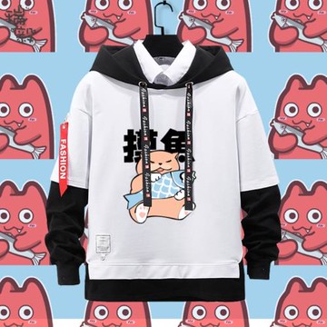 摸魚貓卡通可愛個性假兩件連帽衛衣男女大中小兒童裝學生外套帽衫