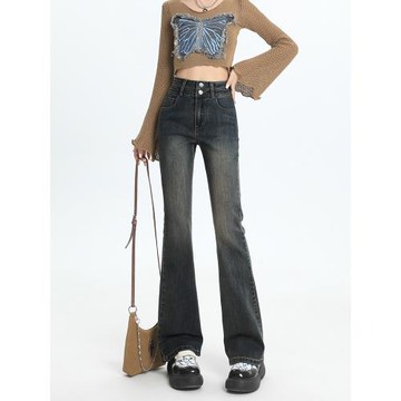 水泥灰高腰微喇牛仔褲女2023新款復古修身顯瘦小個子九分馬蹄褲秋