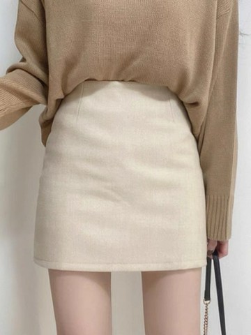 毛呢半身裙 高腰短裙 秋款女裝搭配毛衣A字裙 一步裙包臀裙【不二雜貨】