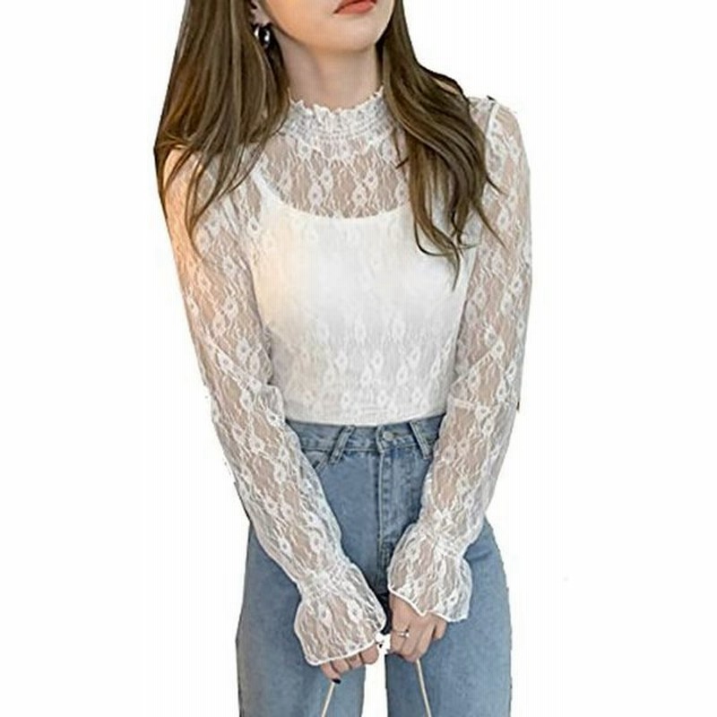 レース ブラウス レディース フリル シースルー トップス 花柄 プチハイネック きれいめ おしゃれ 総レースブラウス レース インナー 重 通販 Lineポイント最大get Lineショッピング
