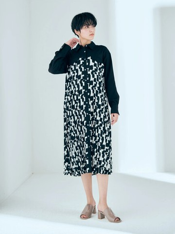 拼接幾何圖形襯衫式洋裝(7A21L0H0500) - YECCA VECCA